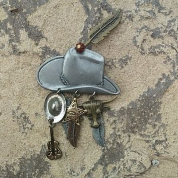Dangle Brooch Cowboy hat western vintage - Picture 3 of 8
